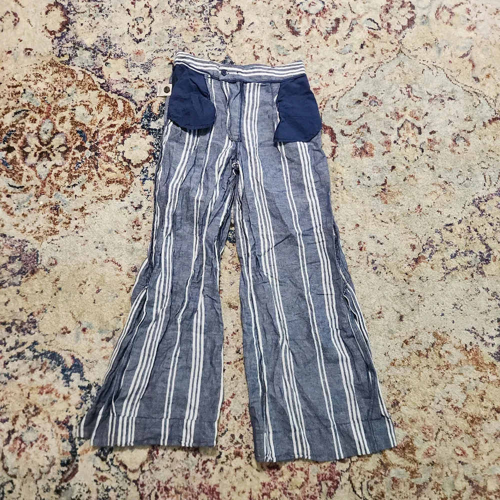 By Anthropologie Cotton & Linen Striped Wide Leg Side Slit Belted Pants Size 6 - Picture 5 of 13